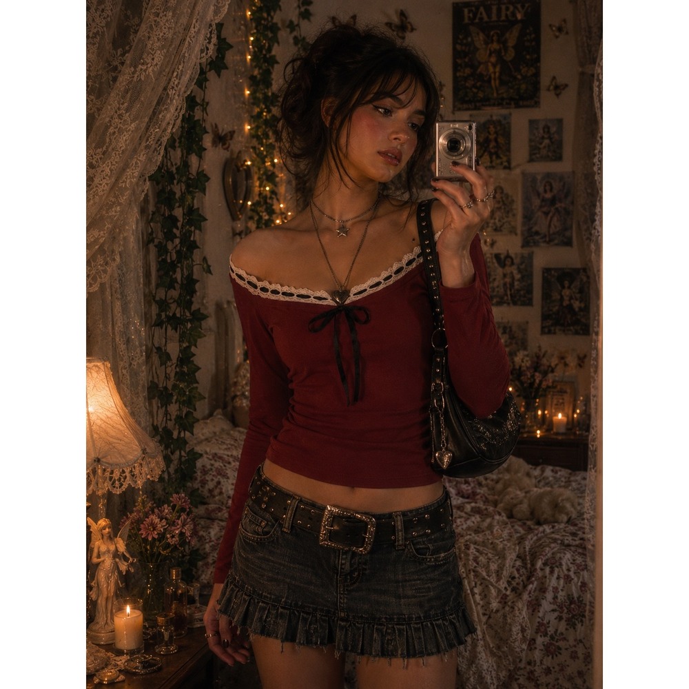 Madden Girl Burgundy Lace Trim Coquette Off Shoulder Top Long Sleeve Red M